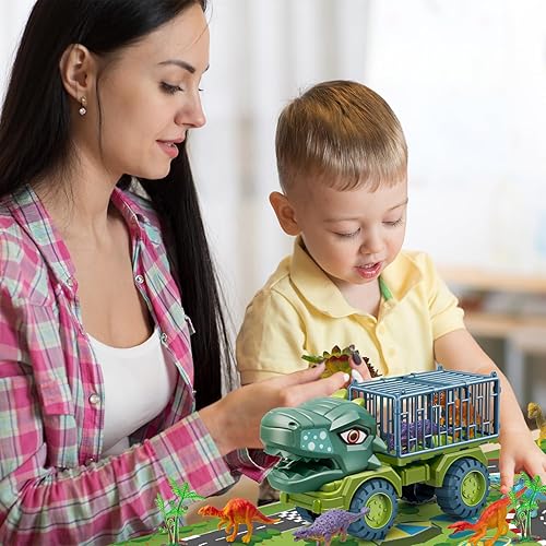Miniatura 6 de Juguetes de camión de dinosaurios para niños de 3 a 5 años, vehículo de transporte de tiranosaurio con 8 figuras de dinosaurios, juguetes de