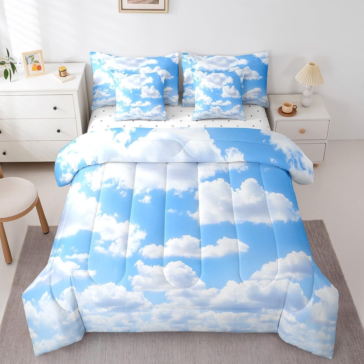 Erosebridal Blue Cloud Queen Comforter Set 7 Piece,Cloud Sky Bed in A Bag with Sheets for Kids Boys Girls Light Blue and White Bedding Set Blue Sky and White Clouds Design Bed Set Reversible