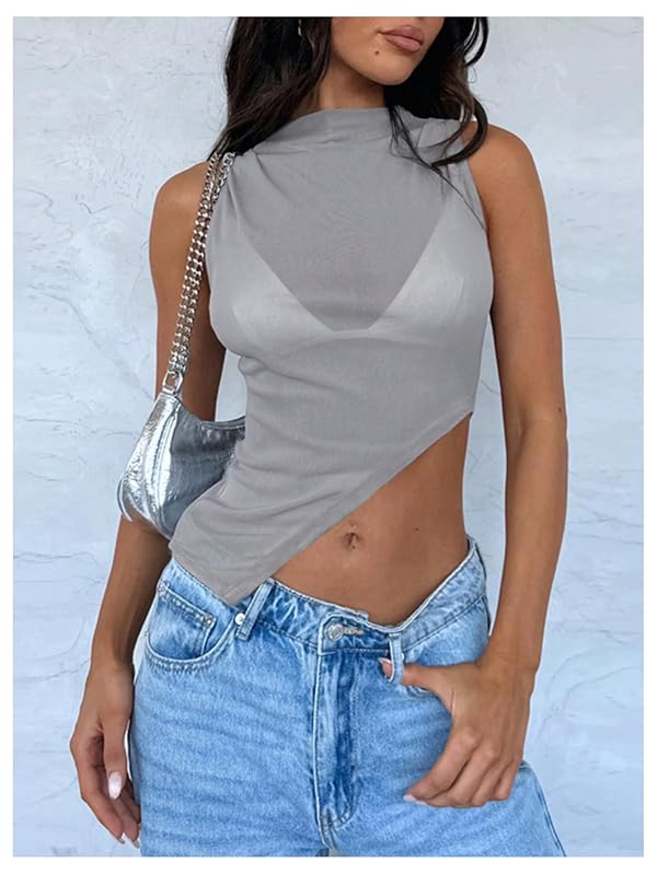 RoseSeek Women's Sheer Mesh Mock Neck Crop Tank Tops Sleeveless Asymmetrical Hem Summer Going Out Tops Clubwear Grey XX-Small by RoseSeek - Used condition - Image 3