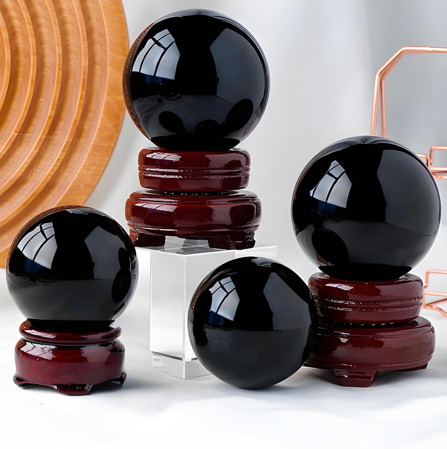 Obsidian Crystal Ball with Wooden Stand, Crystal Sphere Decorative, Quartz Crystals Scrying Ball for Home Decorations Witchcraft,18cm