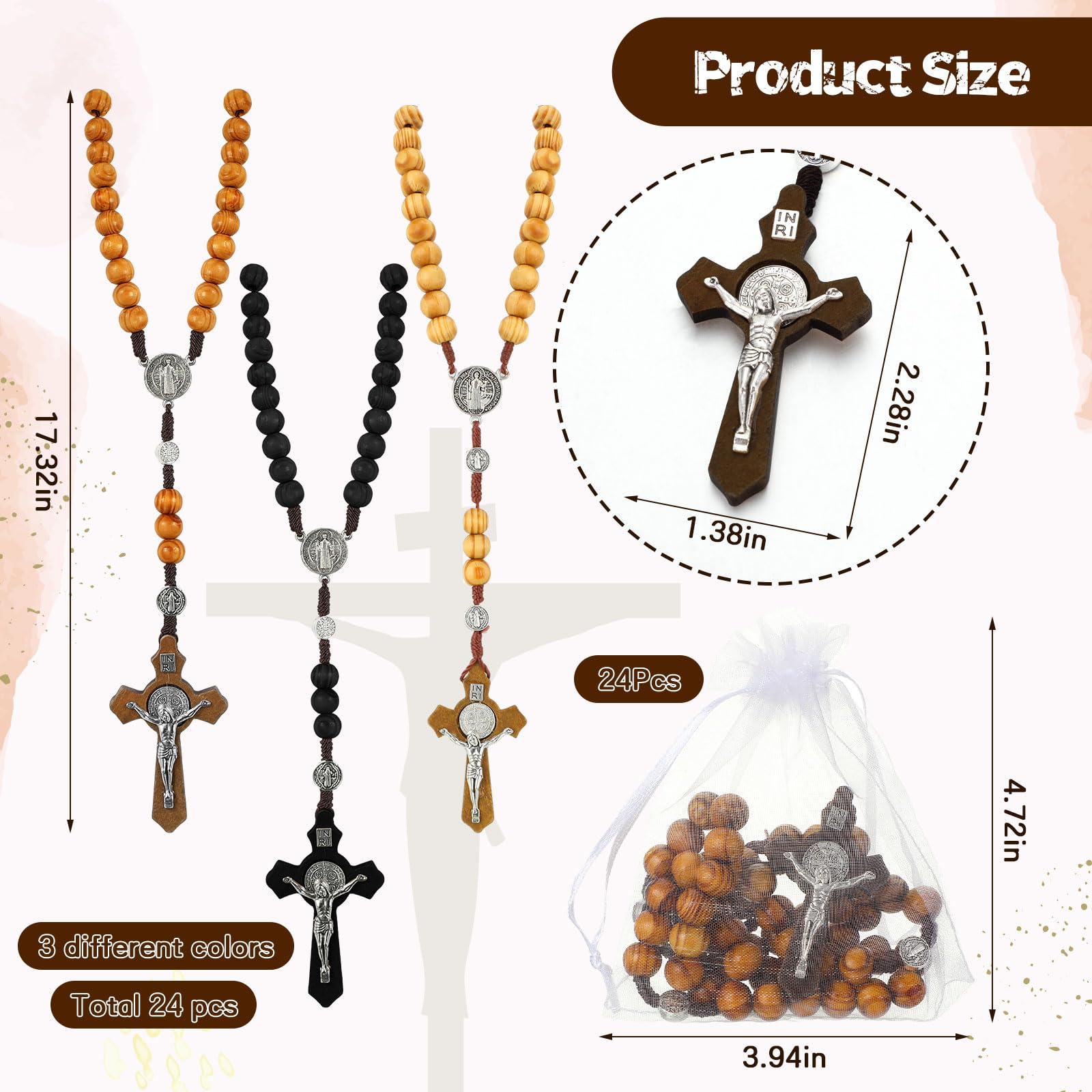 Equsion 24 Set Wooden Bead Rosary Necklace Catholic Rosary Wood Carved Beads with Jesus Cross Our Father Solid with Organza Bag Pouch Baptism Favors Catholic Gift(Multicolor)