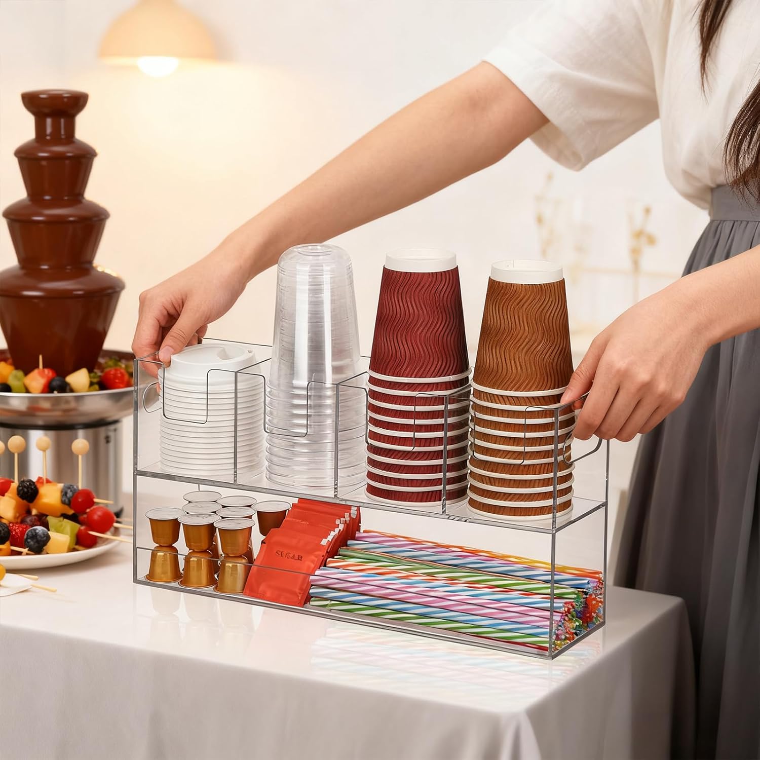 MYITYARD Cup Storage Organizer, Coffee Station Caddy, Clear Acrylic Cup and Lid Holder, Coffee Condiment Bar Accessories for Pods, Sugar, Creamer, Syrup, 5 Compartments