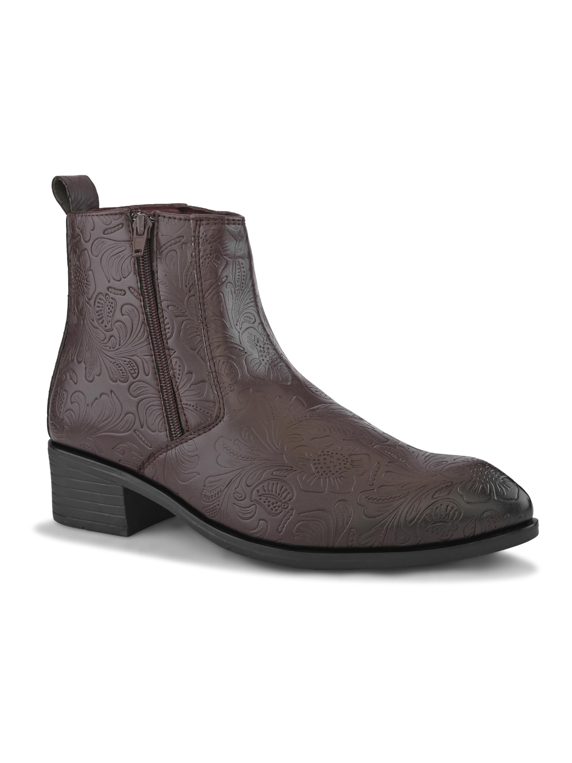 Men's Embossed Mid Ankle Boots with Side Zip | Floral Textured Fashion Boots-image-9