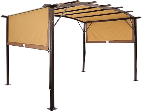 Sunnydaze 9 x 12 Outdoor Pergola with Retractable Canopy - Outdoor Patio Pergola with Retractable Sun Shade Cover for Deck - Tan