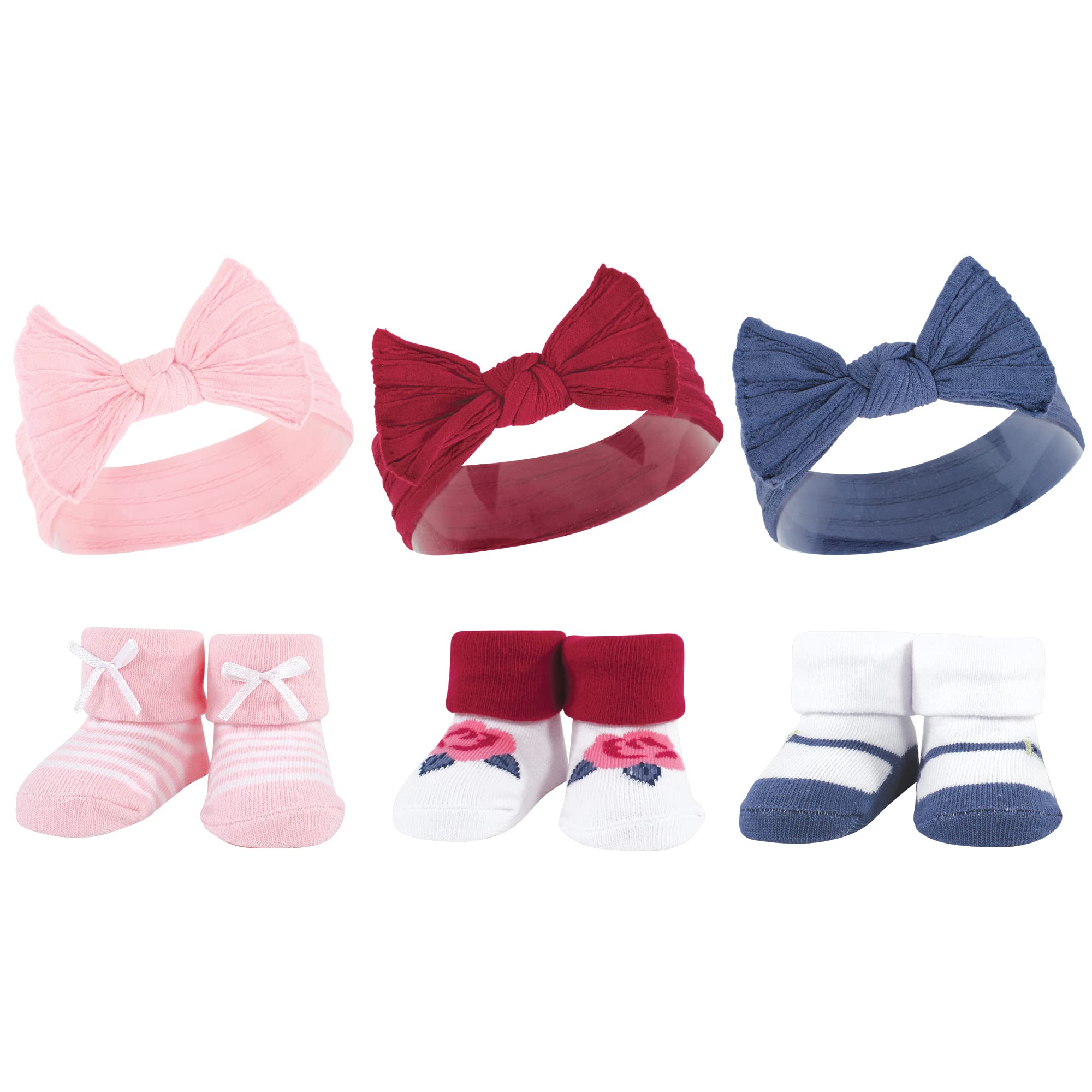 Hudson Baby Dziewczęca opaska na głowę i skarpetki zestaw upominkowy, Różowy niebieski 6-częściowy, 6 Count (Pack of 1)