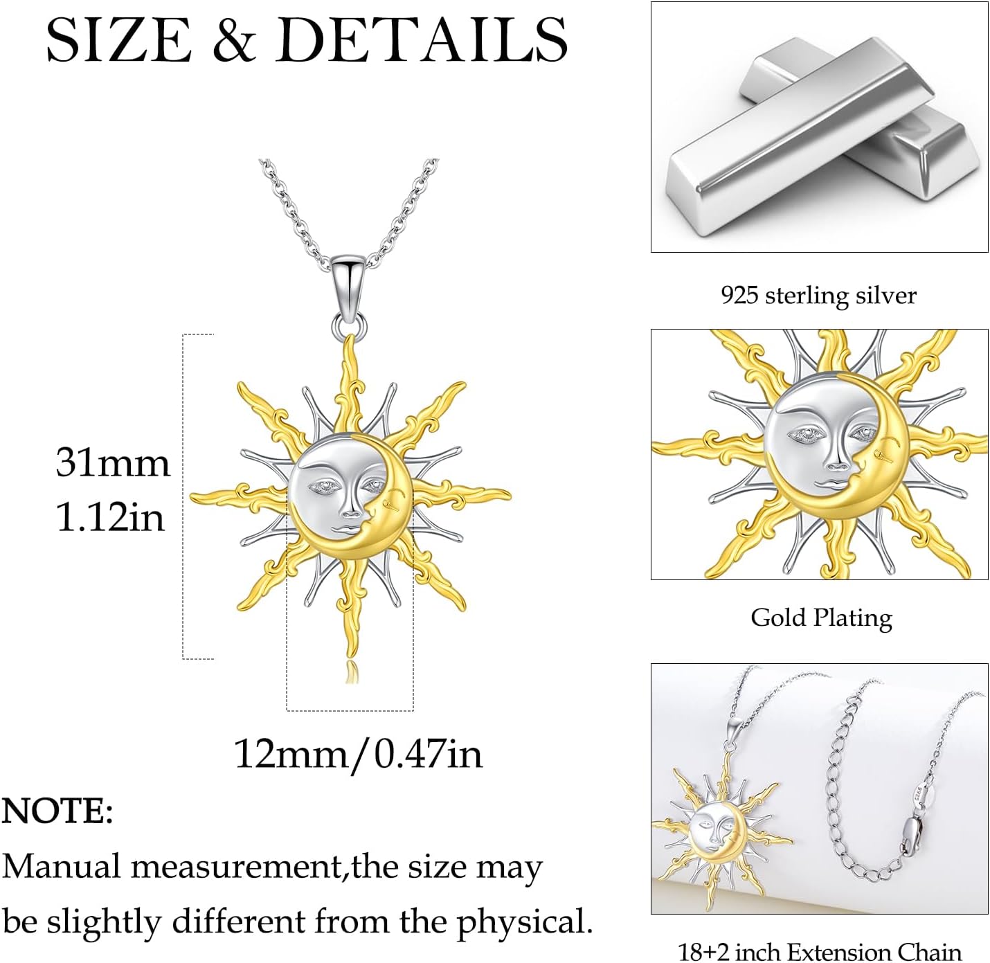 Sun and Moon Necklace 925 Sterling Silver Sun and Moon Face Necklace Sun Pendant Jewelry for Women - Image 8
