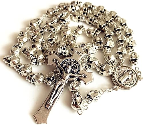 Elegantmedical - Rosario católico de San Benito con cruz de cráneo de plata y cruz católica