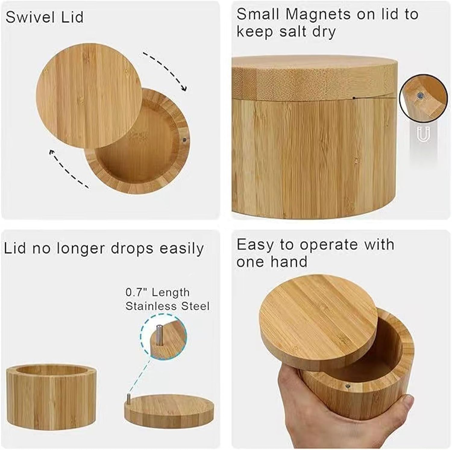 3-Tier Wooden Salt Cellar with Built-in Spoon & Magnetic Swivel Lid, Eco-Friendly Seasoning Container for Herbs, Spices, Kitchen Counter Storage Organizer