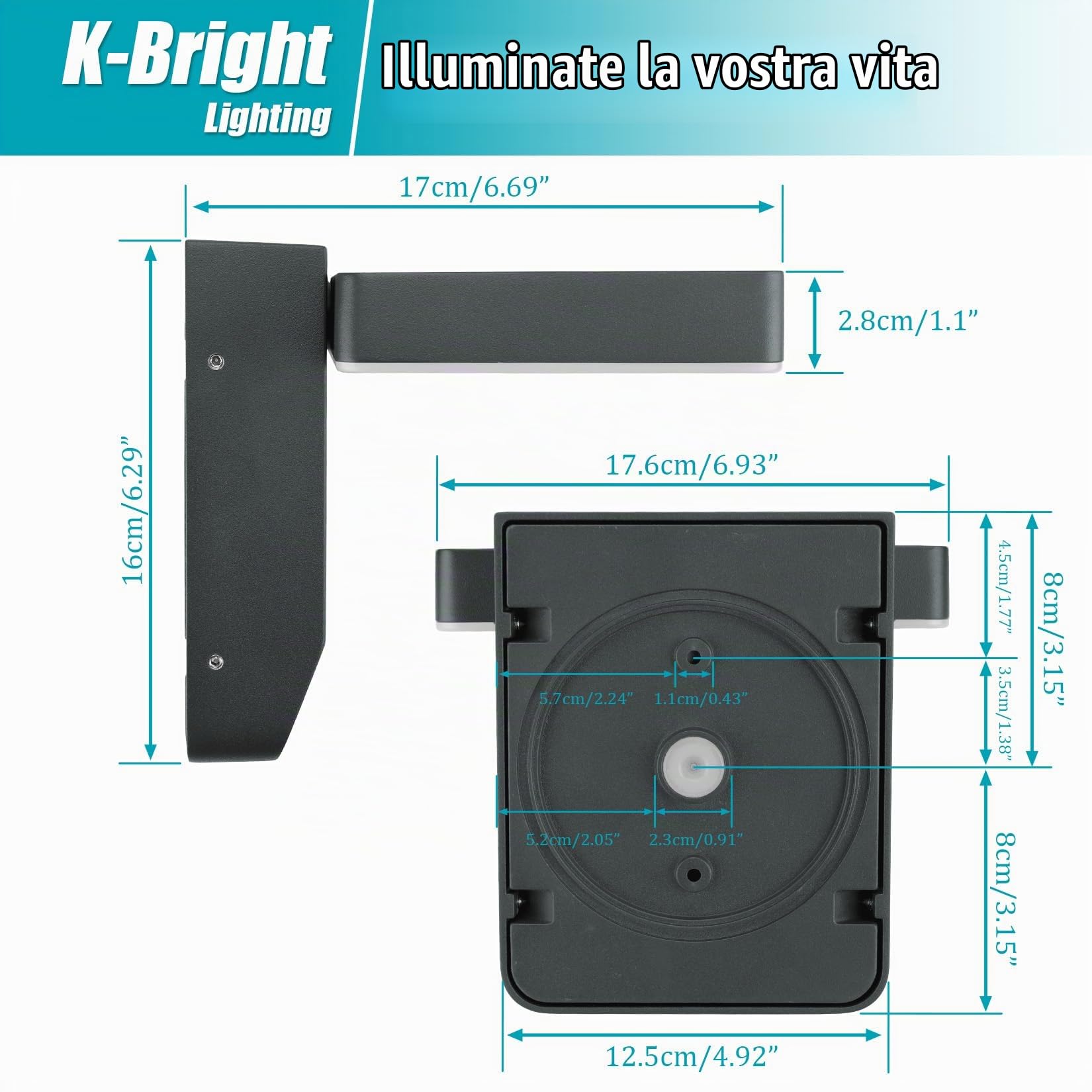 K-Bright 2 pcs applique da esterno, Angolo di regolabile Antracite | 4000 K LED applique da esterno/interno, applique da esterna impermeabile IP54 per balcone, garage, lampada per giardino