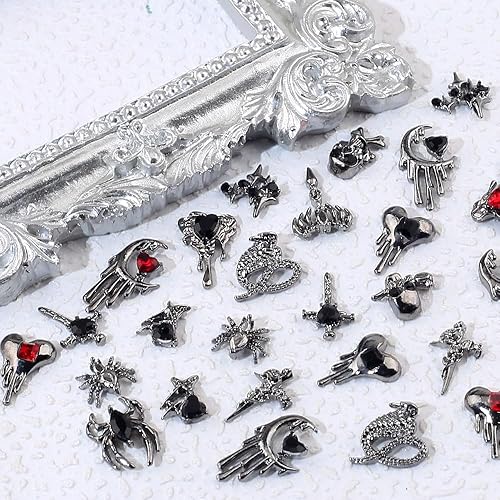 Miniatura 6 de 30 dijes de uñas de Halloween para uñas acrílicas, 3D, dijes de Halloween para uñas, cruz, estrella, luna, corazón, araña, cráneo, diseños de uñas,