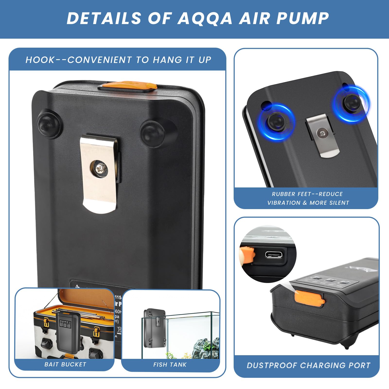AQQA Bomba de aire para acuario, bomba aireadora de aire recargable para peceras