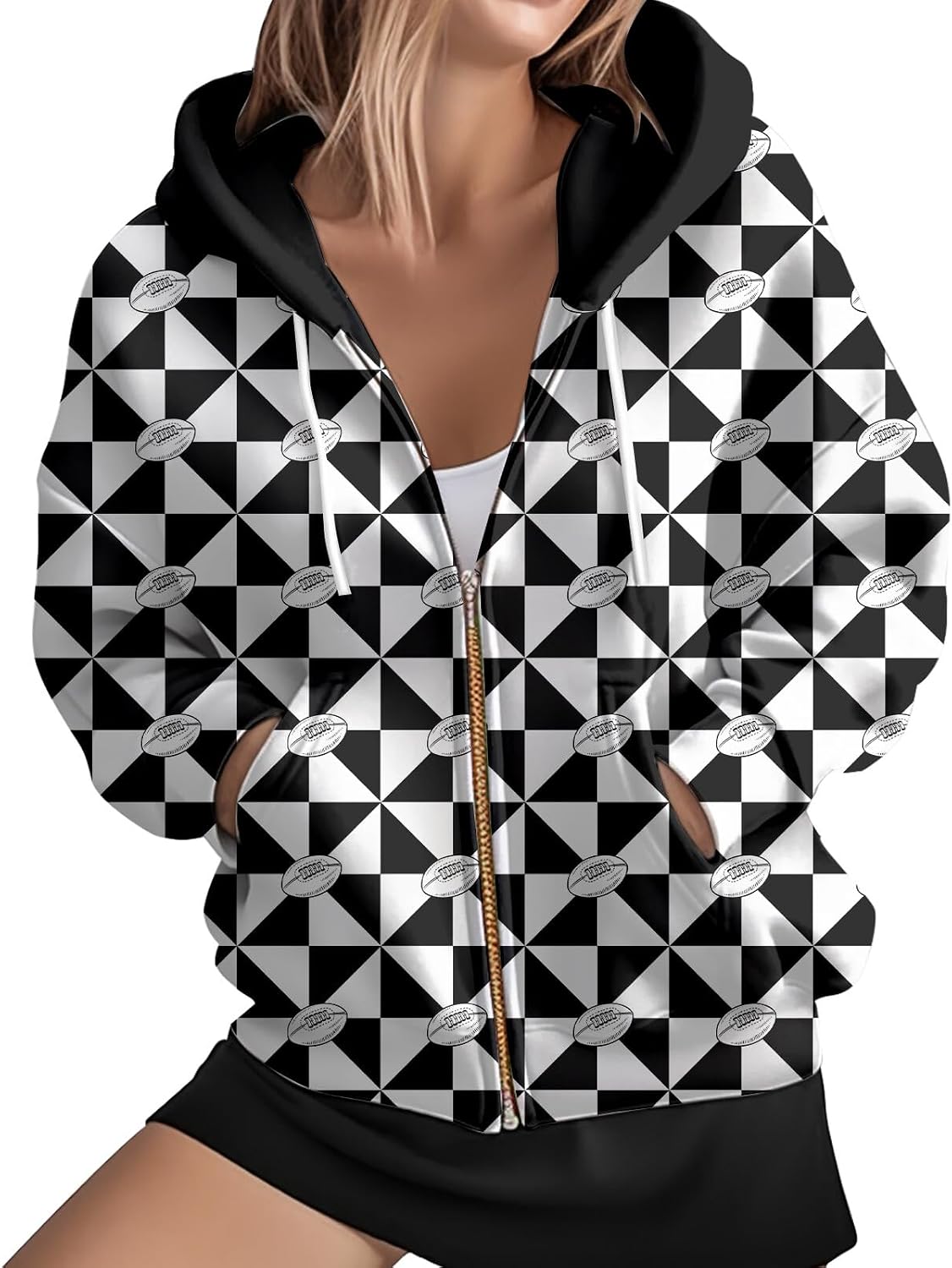 Women's Zip Front Plaid Sweatshirts Print Hoodie Fall Jackets Long Sleeve Casual Drawstring Clothes