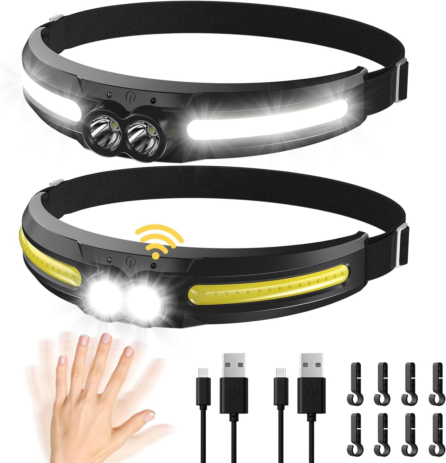 2 Lampes Frontales Rechargeables 300° - Capteur De Mouvement, 7 Modes, Étanche IPX4 Pour Camping
