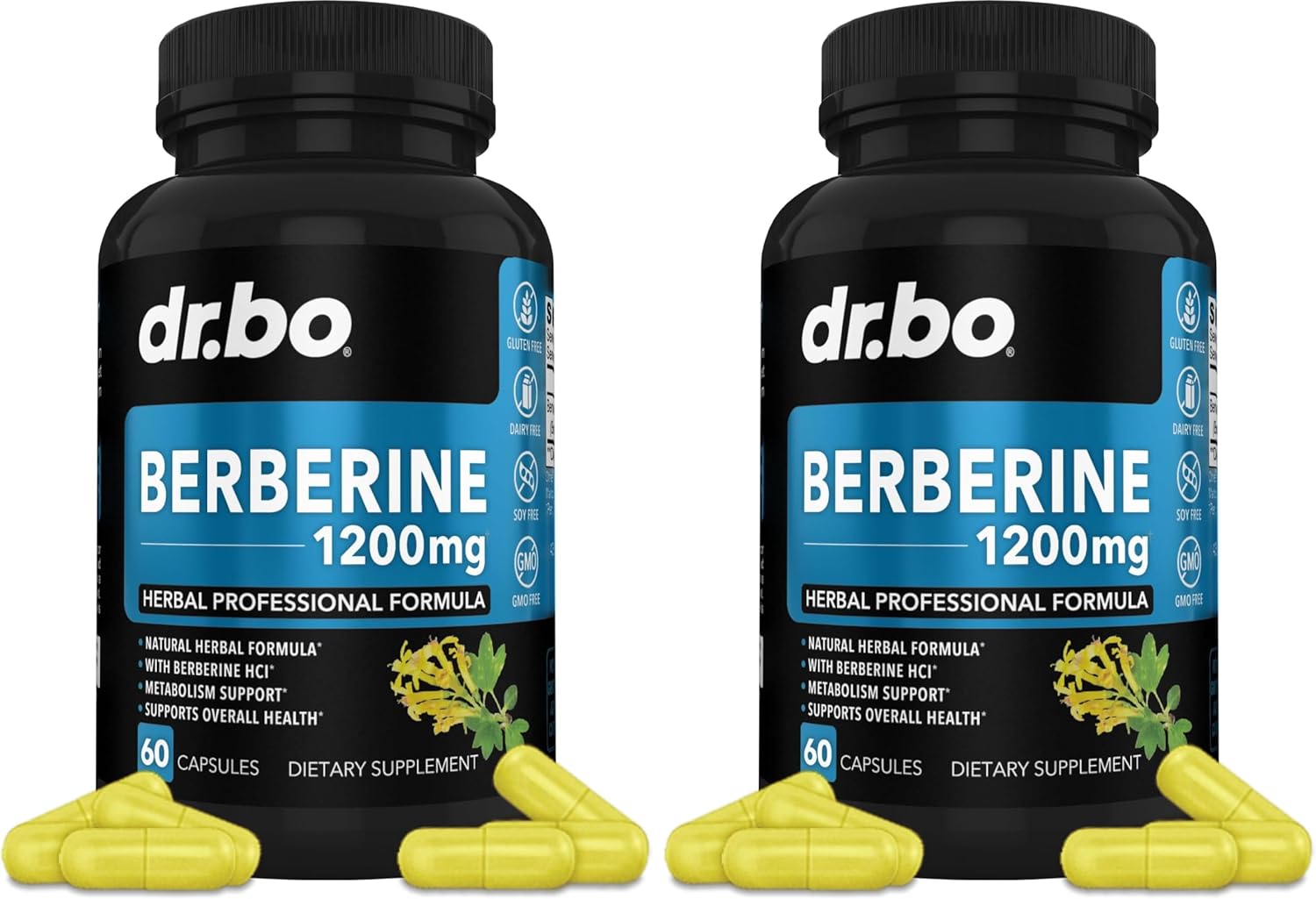 Berberine Supplement Capsules - 1200mg Berberine HCL Supplement for Healthy Metabolic Support - Premium Natural Complex for Women & Men, Pure Support Capsules Supplements - 60 Pills (Pack of 2)