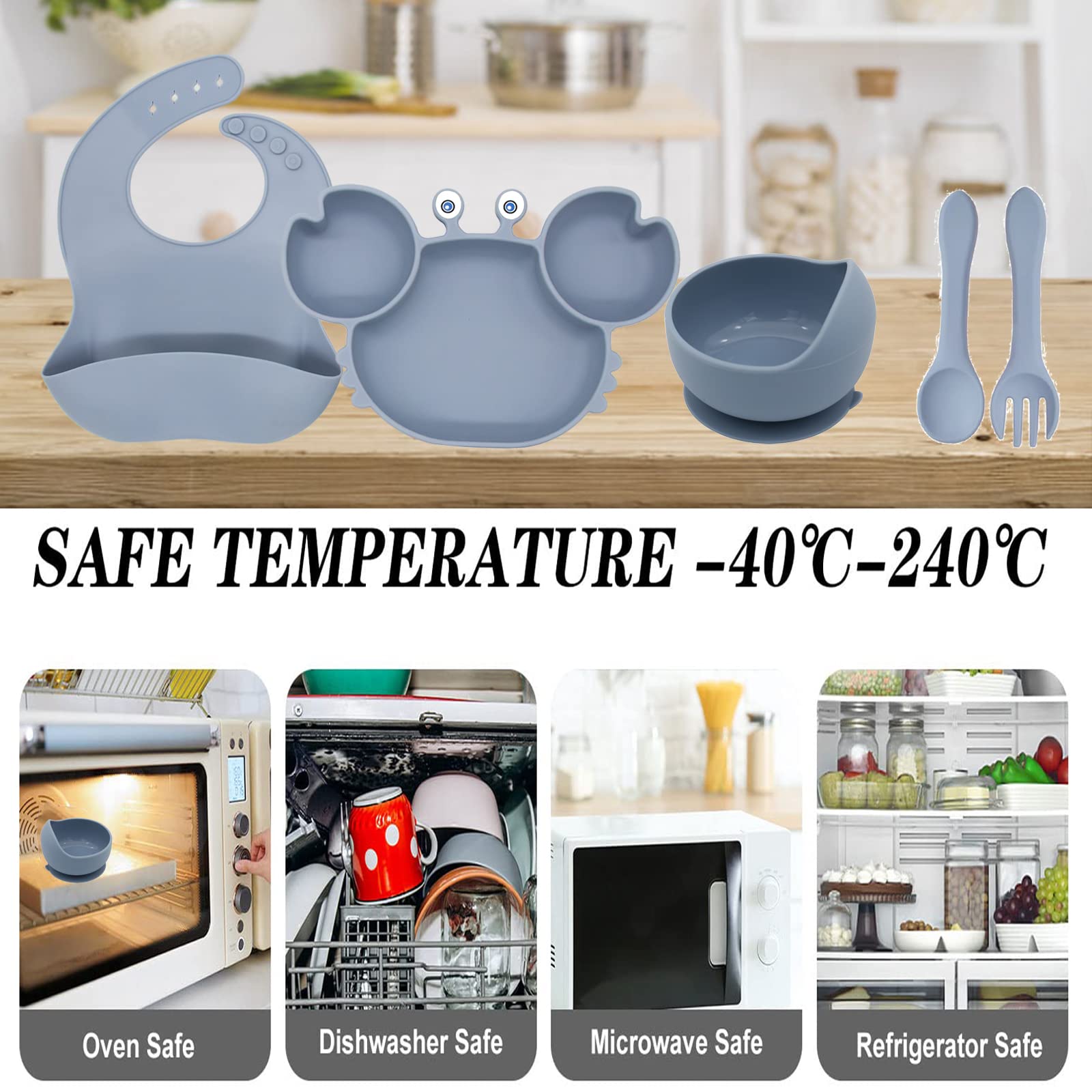 FILOWA Baby Geschirrset 5-teilig Aus Silikon - Rutschfester Teller Mit Saugnapf In Elefanten-Design