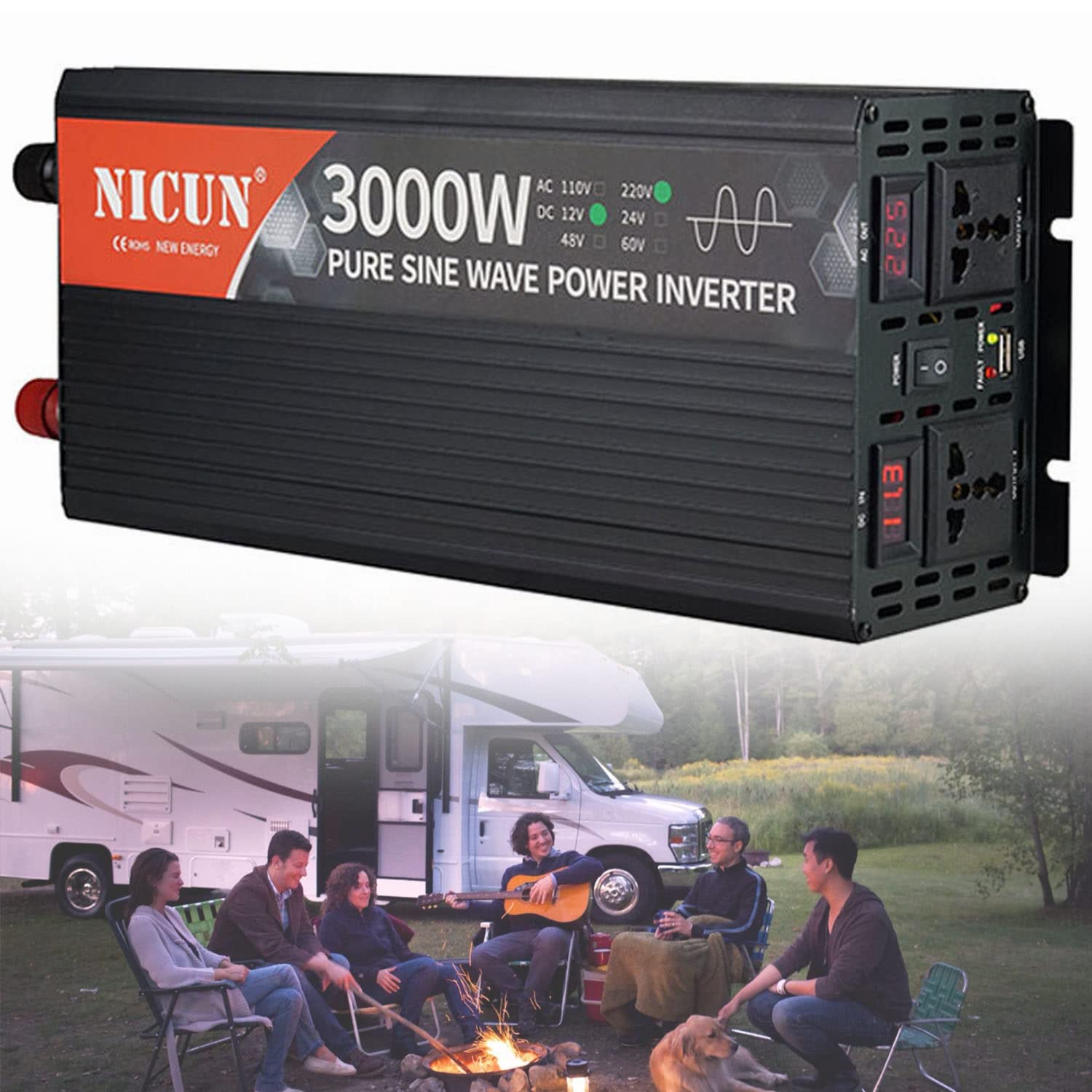 Przetwornica sinusoidalna 2000W 3000W 4000W 5000W 6000W DC12V/24V do AC 220V 230V 240V konwerter samochodowy z wyświetlaczem LCD 2 gniazda AC i port USB 2.1A do ciężarówki, kampera,3000W-12Vto220V