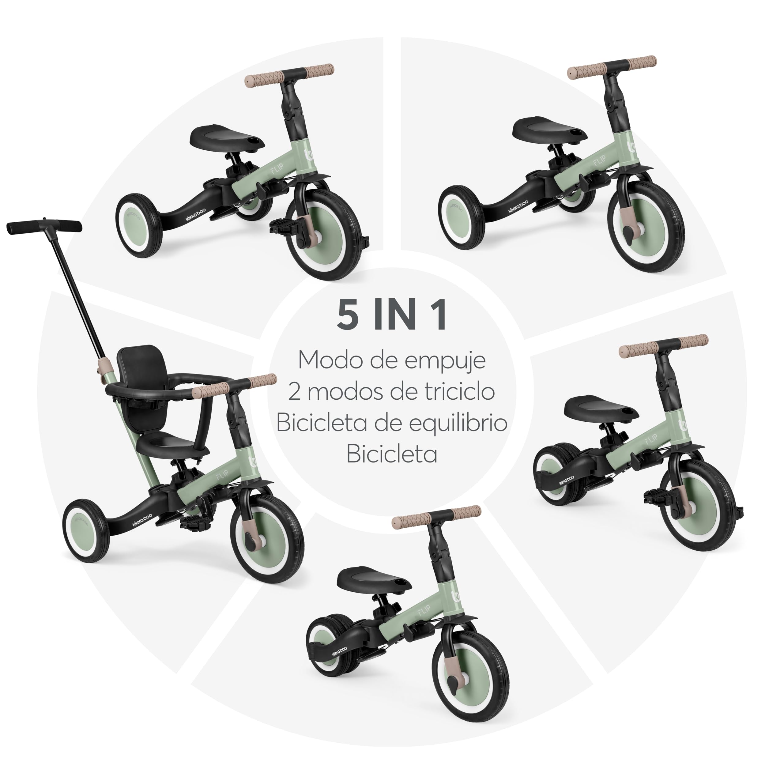 KikkaBoo FLIP, Triciclo Evolutivo de Bebé 5 en 1, Bicicleta con o sin Pedales, Ajustable y Transformable, Verde Militar, Desde 1 Año Hasta 5 Años
