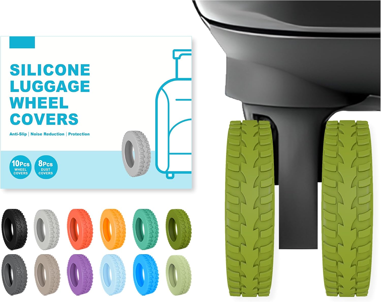 10-Pack Upgrade Luggage Wheel Covers, Silicone Protective Covers for 2-2.4" Suitcases Spinner Wheel, Wear-Resistant, Anti-Noise, Thickened Protector, Travel Accessories (Avocado Green)
