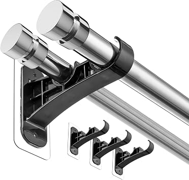 ANDGOO Double Curtain Rod Bracket, No Drilling, Renter Friendly Adhesive Curtain Rod Holders, Double Rod Curtain Hooks, Heavy Duty Curtain Hangers for Apartment Living Room Bedroom 4 PCS, Black
