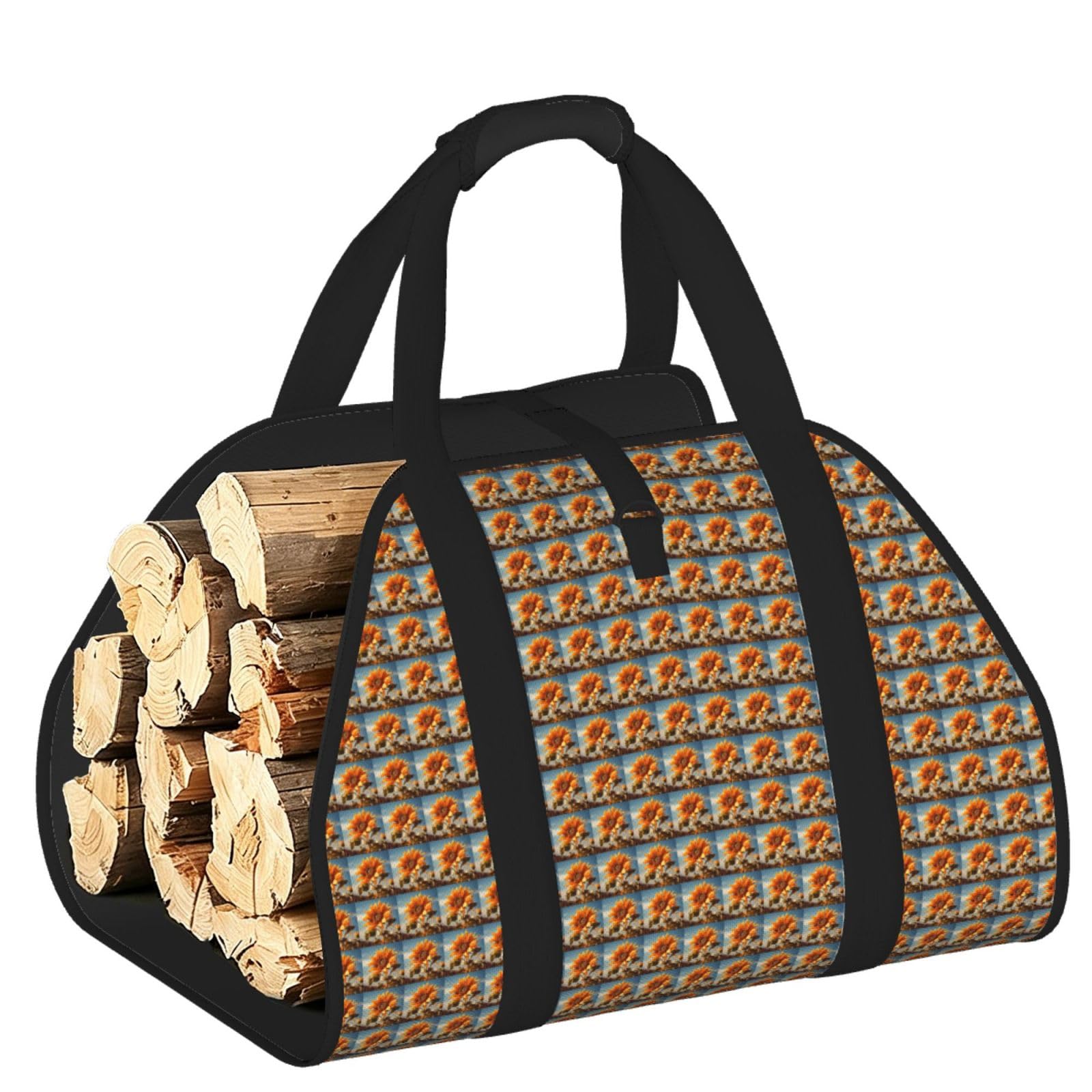 Ayyqwe Black Beautiful Sunflower Print Firewood Bag Wood Waterproof Versatile Camping Picnic Storage Daily Home