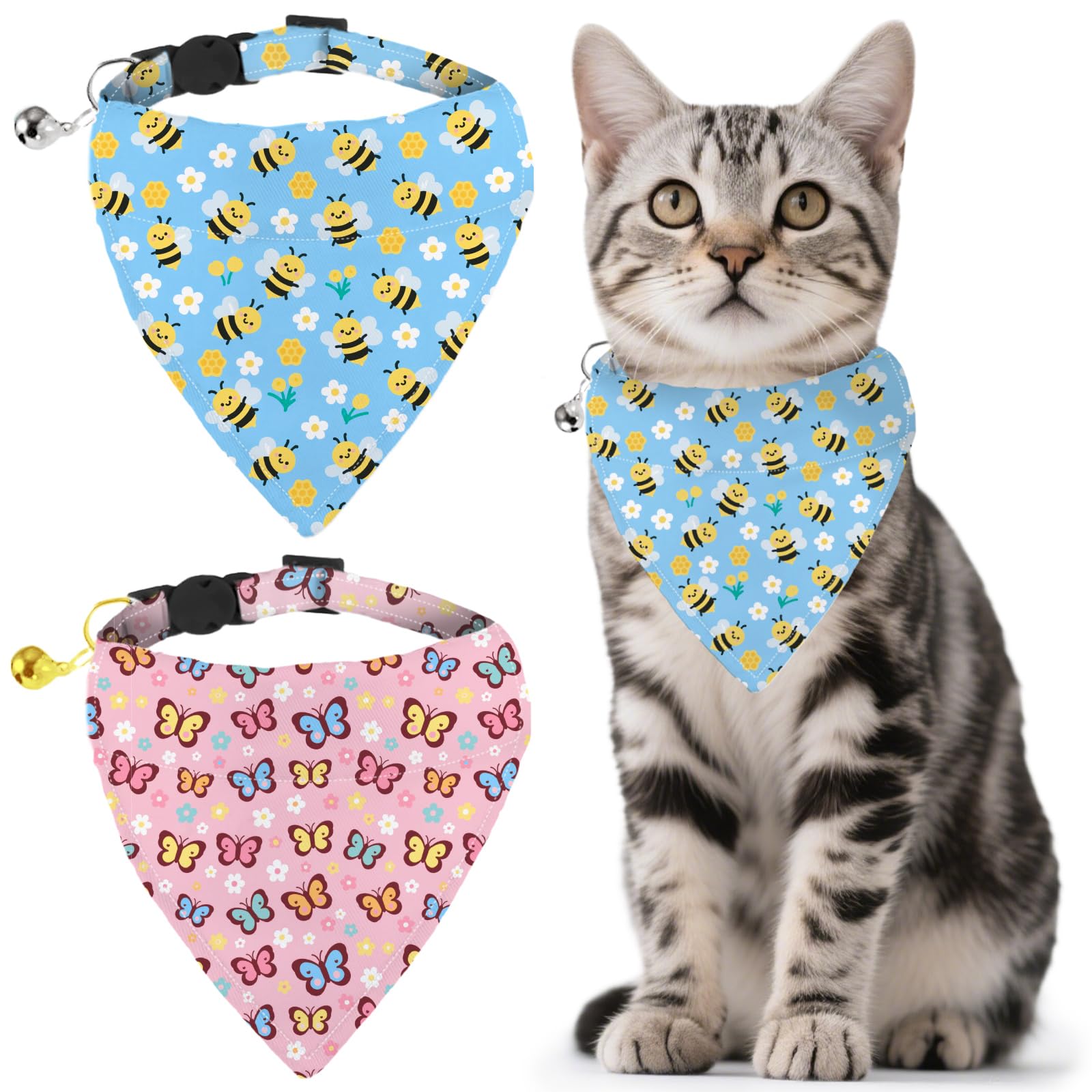 GLOBLELAND 2 Pack Cute Insects Pet Bandana Collar with Removable Bandana and Bell Cartoon Bees Adjustable Dog Collar Butterflies Flowers Cat Collars Scarf for Pets Kittens Puppy Cats Dogs