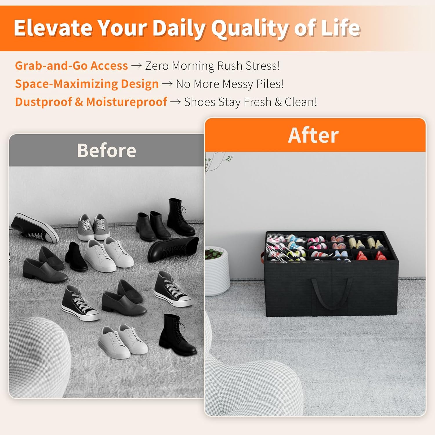 Aokeyee 2 Pack Shoe Organizer for Closet, Large Shoe Storage Box Fits up to 48 Pairs, Space Saving Foldable Shoes Organizer Bin w/Clear Cover and 4 Reinforced Handles, Black