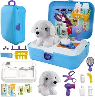 TEUVO Pet Care Play Set for Girl Toys Vet Set with Plush Dog Grooming Feeding Toys Pet Carrier Kids Vet Kit Toys Pretend Play Veterinarian Toys Gifts for 3 4 5 6 7 Years Old Girls Boys Birthday Xmas