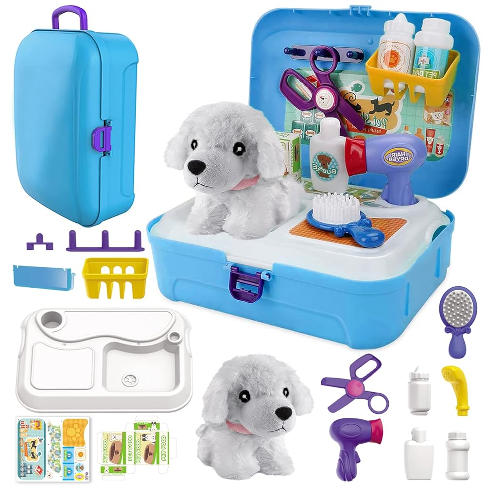 TEUVO Toy Doctor Kit for Girls, Pretend Play Doctor Set with Dog Toy, Carrying Bag, Stethoscope, Dress Up Costume, Toys Doctor Play Birthday Gift for Kids Toddlers 1 2 3 4 5 6 7 Year Old for Role Play