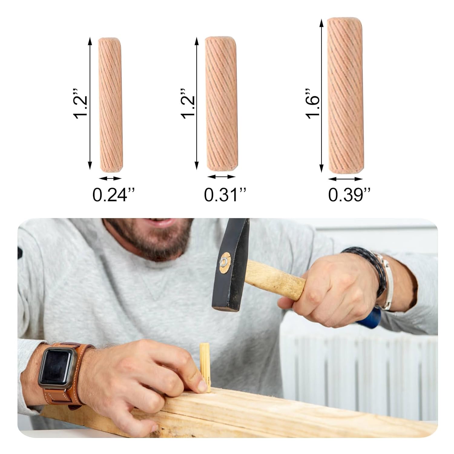 Medsuo 21pcs Wooden Dowels Assorted M6 M8 M10 Hard Wood Grooved Plugs Furniture Woodwork Pin Craft for Grooved, Craft, DIY, Carpentry (6mm 8mm 10mm)