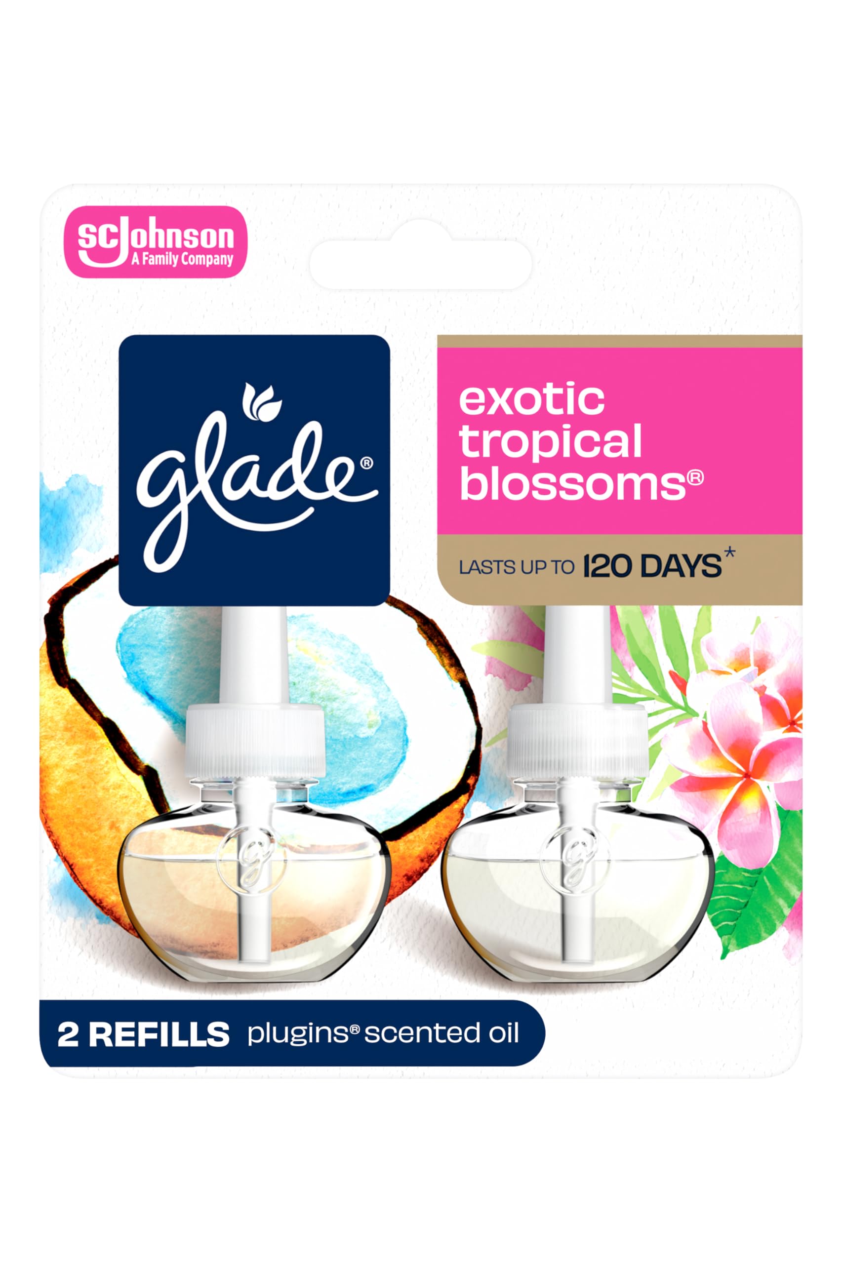 Glade PlugIns Refills Air Freshener, Scented and Essential Oils for Home and Bathroom, Exotic Tropical Blossoms, 1.34 Fl Oz, 2 Count