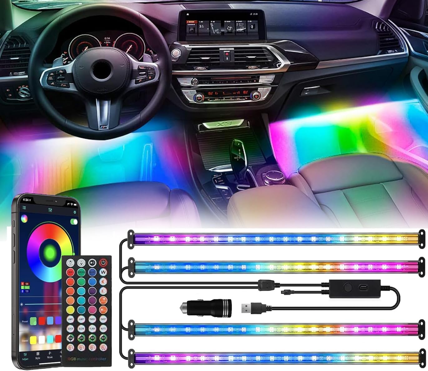 72 LED USB Interior Car Strip Lights Dream Color RGB-IC 12V DC with App RF Remote Control Multicolor Footwell Under Dash Chasing Inside Light Kits Music Sync Mode LED Lights for Cars Truck ATV UTV