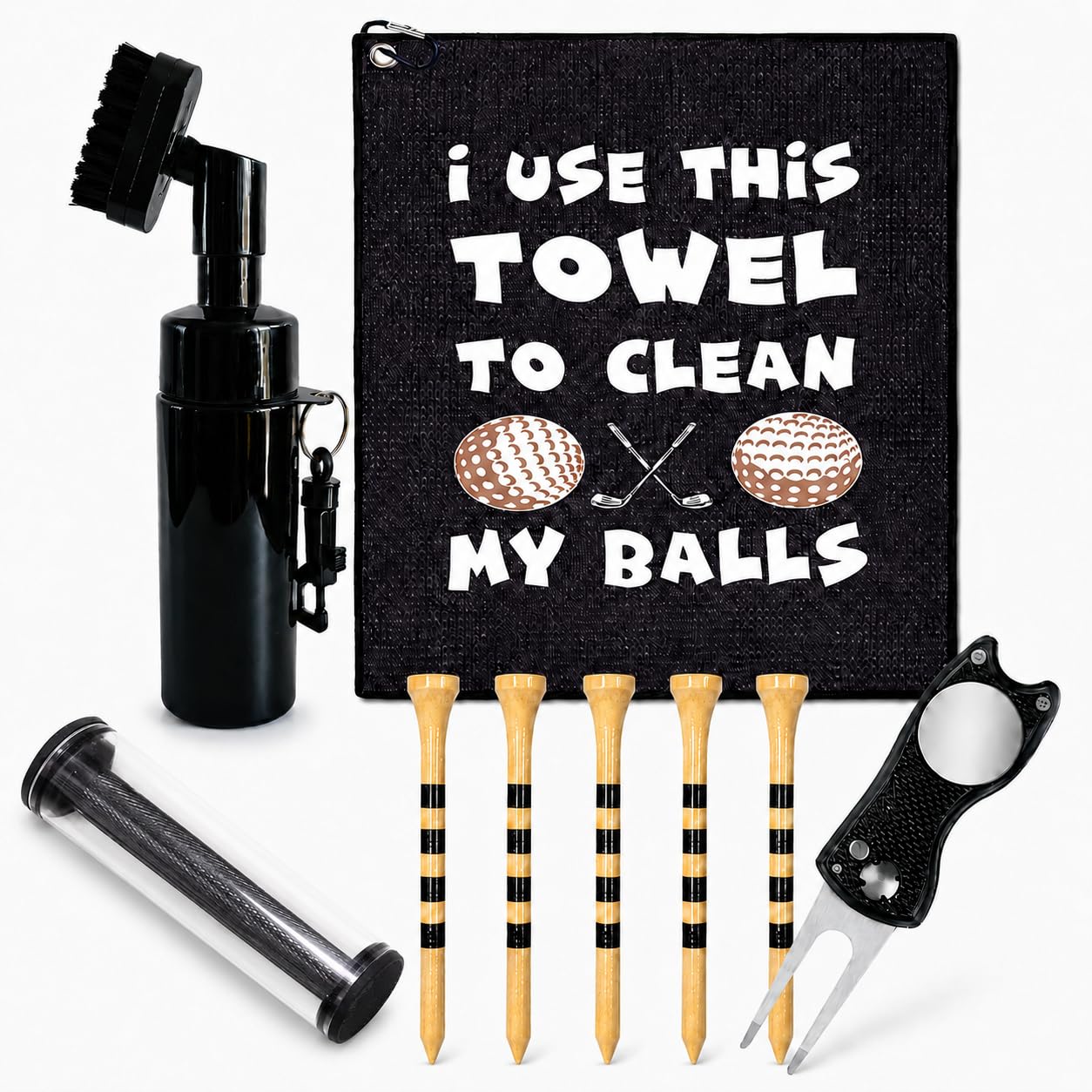 Golf Club Cleaning Kit, Water-Fed Brush, Funny Golf Towel, Divot Repair Tool with Ball Marker, Groove Cleaner and 5 Wooden Tees, Golf Accessories Gift for Men