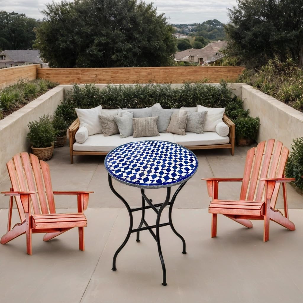 Marrakech Mesa de mosaico marroquí redonda, 60 cm de diámetro, plegable, hecha a mano, de Marruecos, mesa de bistró, jardín, balcón, terraza, mesa de jardín con mosaico, Moro azul y blanco, mesa