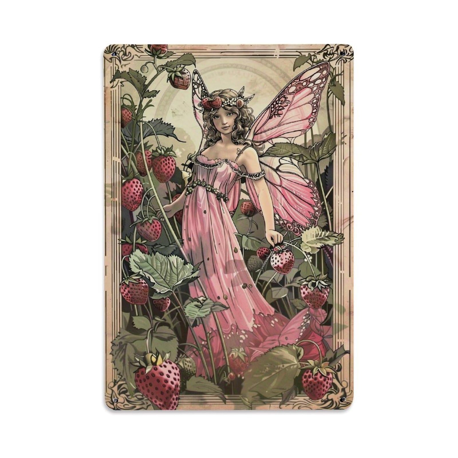 Nestemfo Vintage Strawberry Fairy Butterfly Wing Pattern Tin Sign Metal Sign, Living Room,Bar, Home, Bedroom Wall Decor,Retro Metal Poster 8X12 Inches