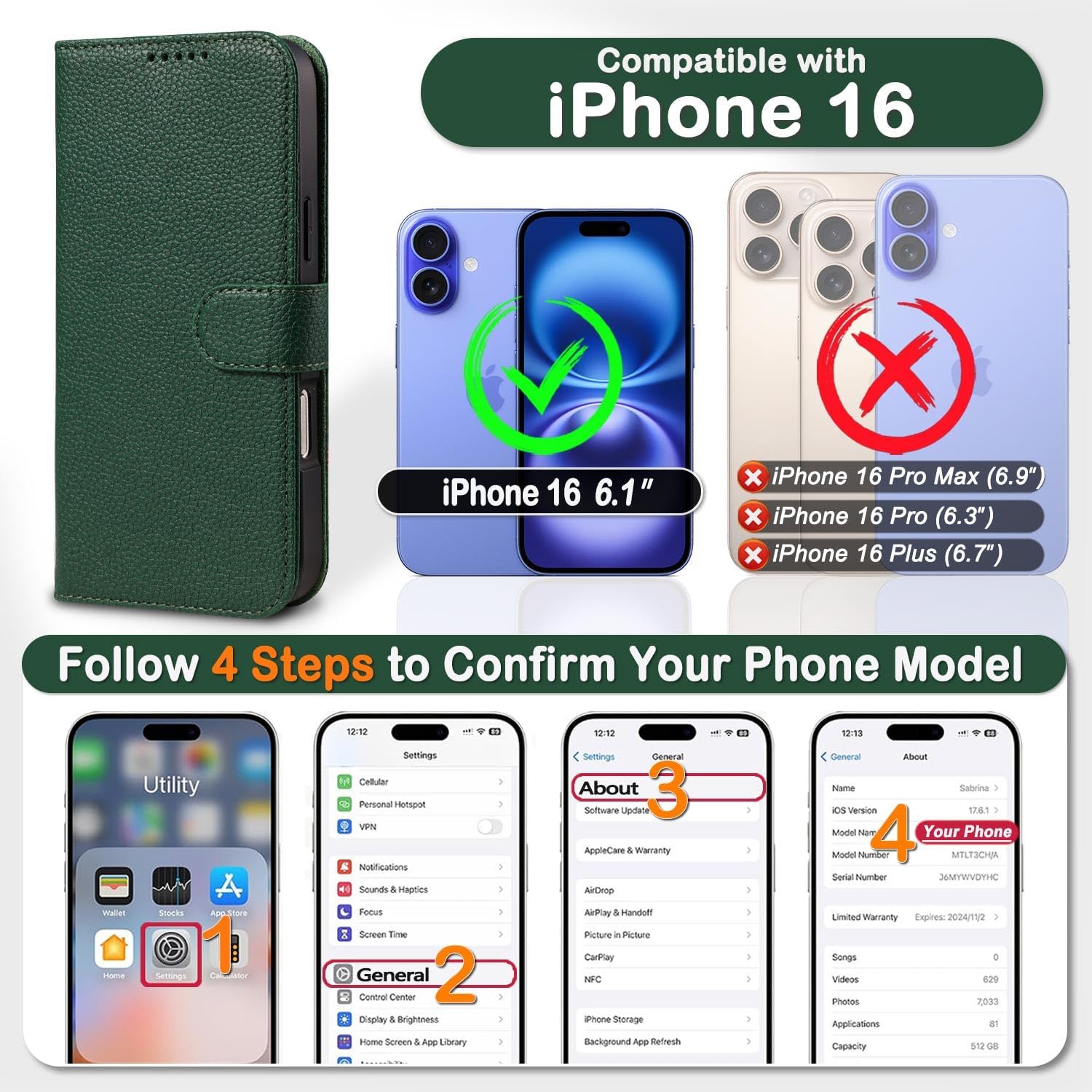 for iPhone 16 Case Wallet Detachable, 2 in 1 Leather Wallet Flip Folio Case with 4 Card Holder, RFID Blocking, Wireless Charging, Microfiber Lining, Slim Durable, for Women/Men (Emerald Green)