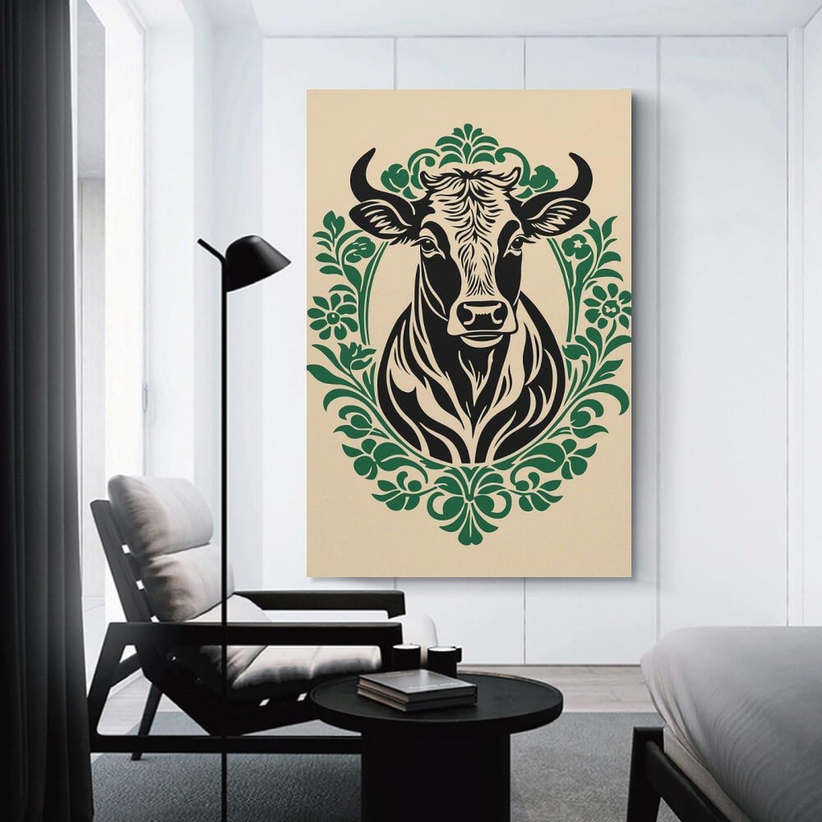 Junmoney Canvas Art Print Cow Portrait with Floral Ornament, 20x30inch(50x75cm), for Small Homes, Bedrooms Or Open Spaces, A Simple Refresh for Blank Walls