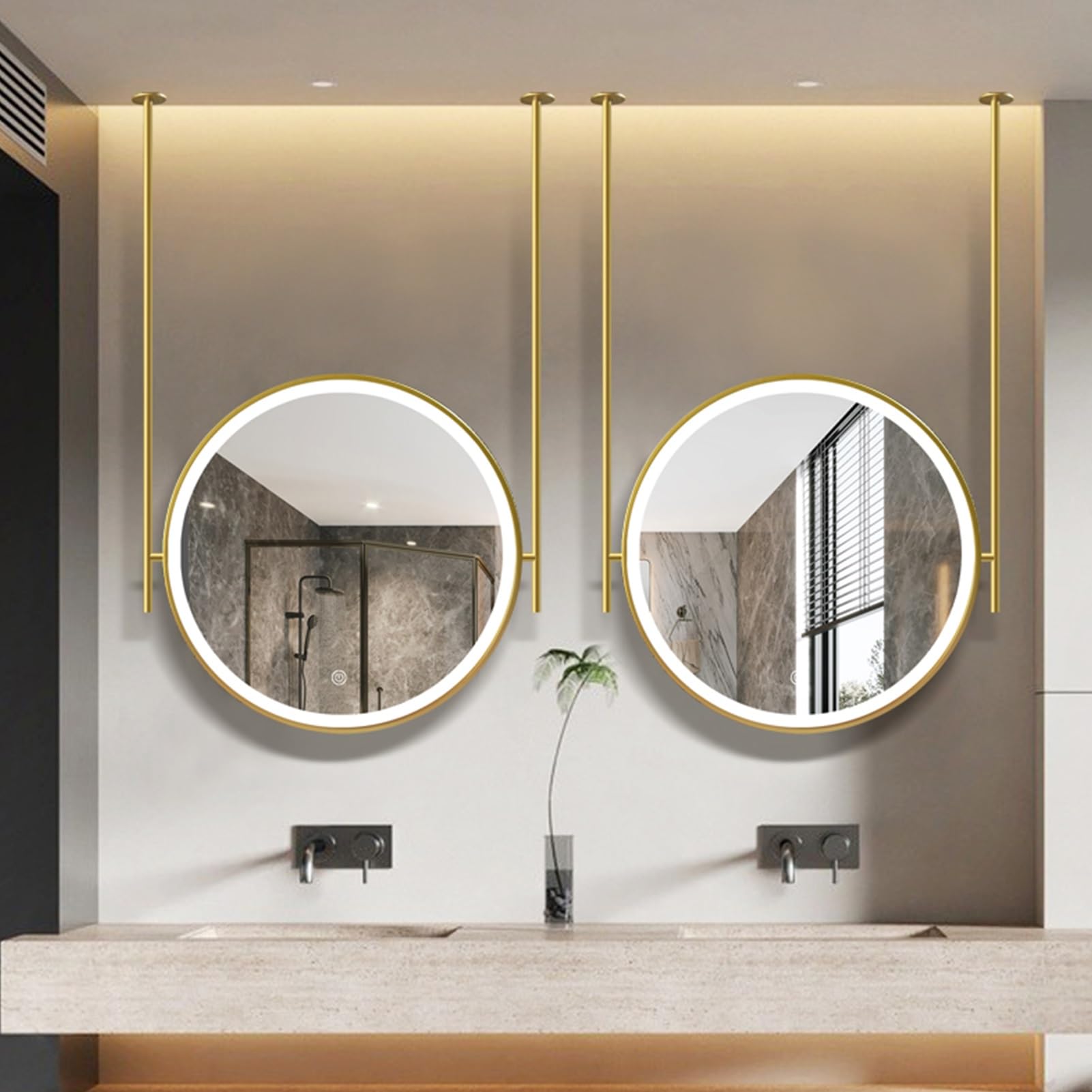 SXFSDOU LED Ceiling Mounted Mirror, Bathroom Washroom Hanging Rod Lighted Mirrors, Gold Decorative Mirrors for Home or Hotel, Vanity Shaving Makeup Customized(Diameter-70CM/27.6INCH)
