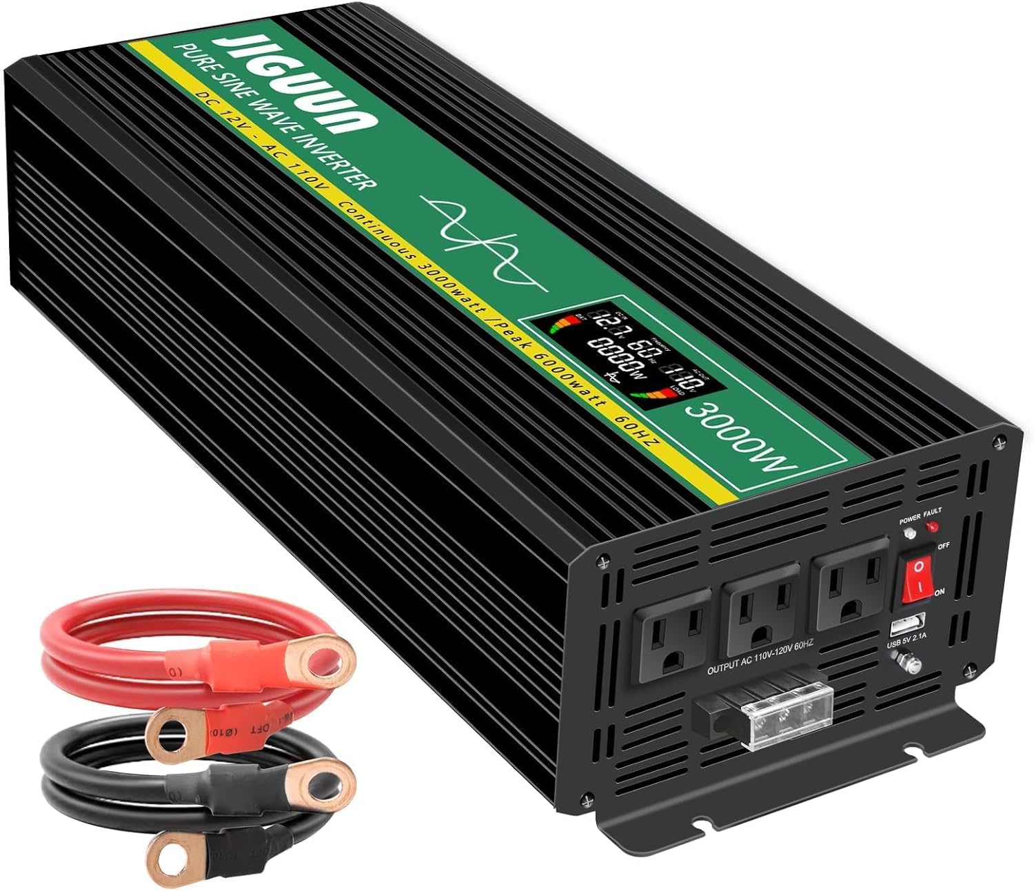 JIGUUN 6000W Peak 3000 Watt Pure Sine Wave Power Inverter,12v DC to 110/120v AC Power Converter 3 AC & USB Output,Power Converter LCD Display for Home RV Camping Outdoor Car Truck