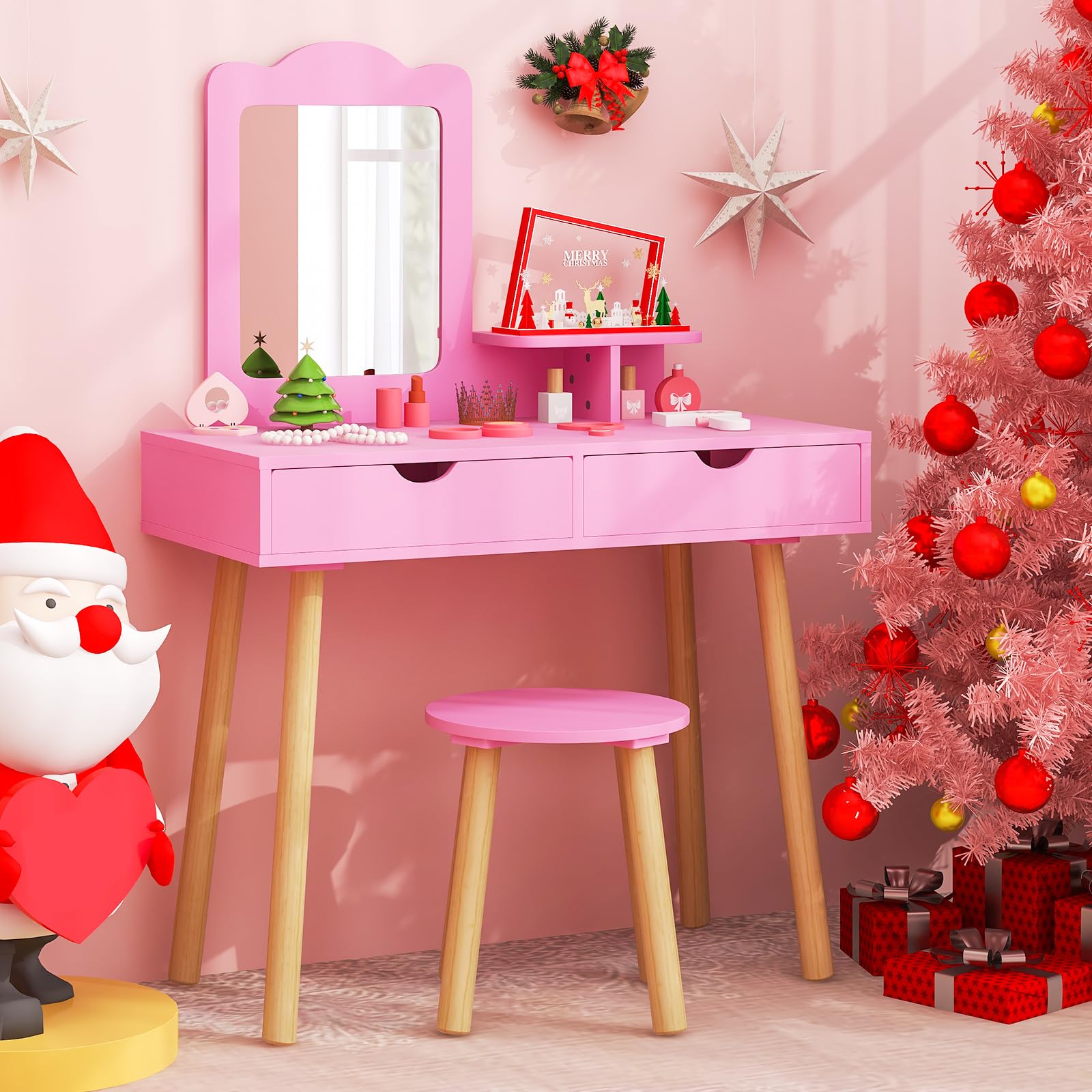 COSTWAY 2 in 1 Set Toeletta per Bambini, Postazione Trucco in Legno con Sgabello, Specchio Rettangolare Staccabile e 2 Cassetti Capienti, Ideale per Bambini dai 3 ai 7 Anni (Rosa Scuro)