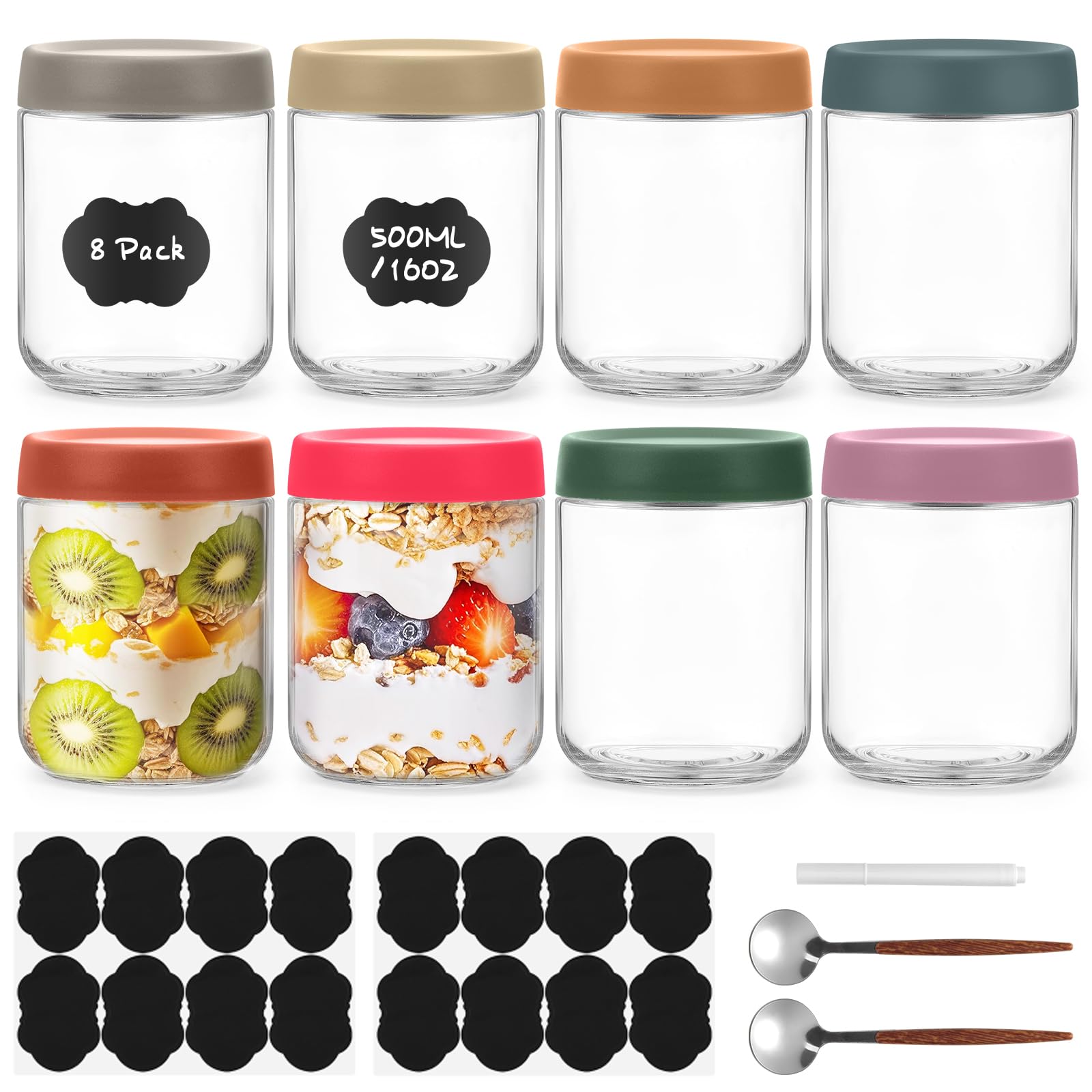 Hisredsun 8 Pack 500ml Overnight Oats Jars with Lids