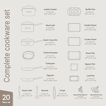 Bakken-Swiss 20-Piece Kitchen Cookware Set - Granite Non-Stick - Eco-Friendly - For All Stoves & Oven-Safe - Marble Coating