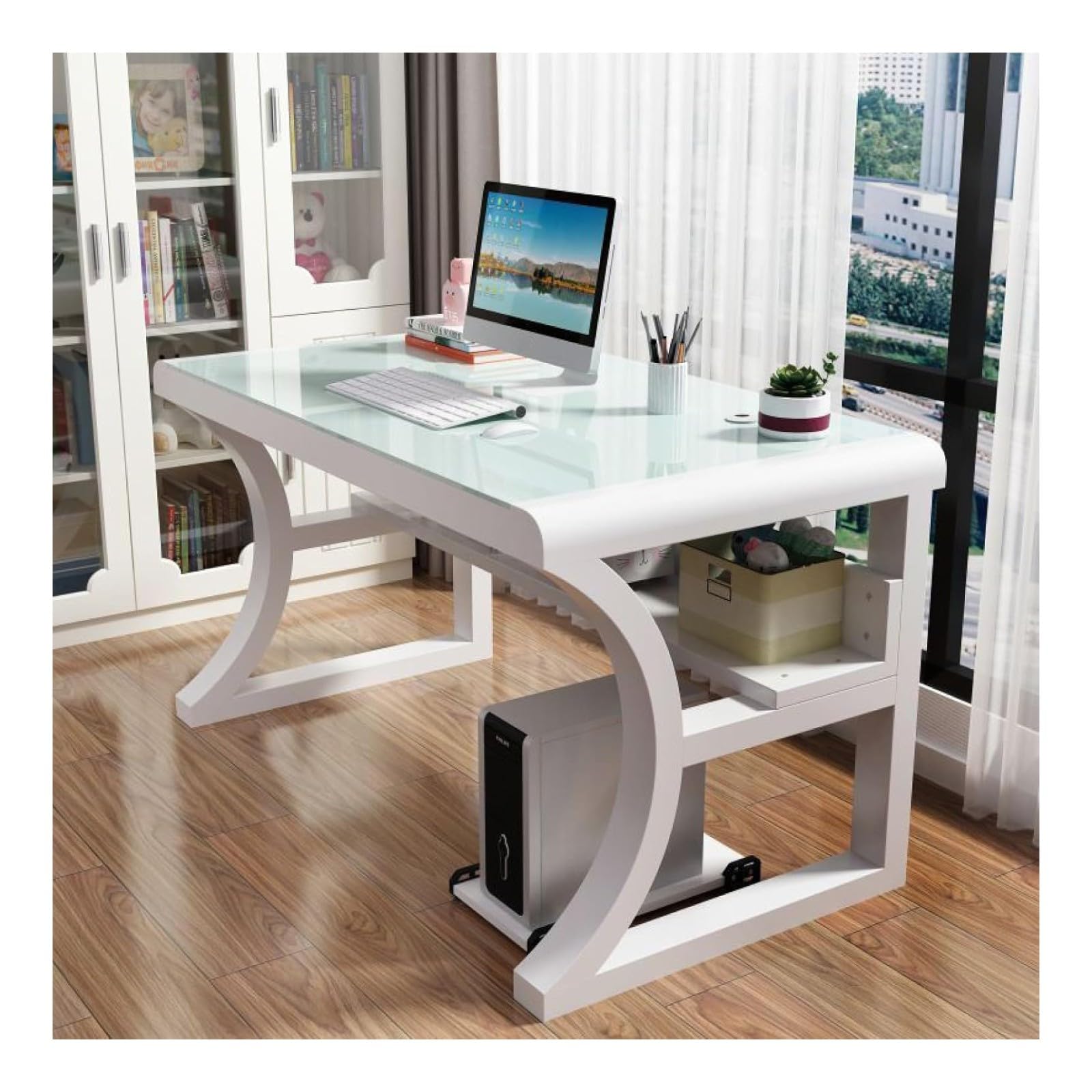Wdsopk White Computer Desk Home Office Desk Tempered Glass Computer Desk, Modern Simple Computer Desk With Storage Shelves,Modern Student Study Table, Workstation（-120X60x75cm）