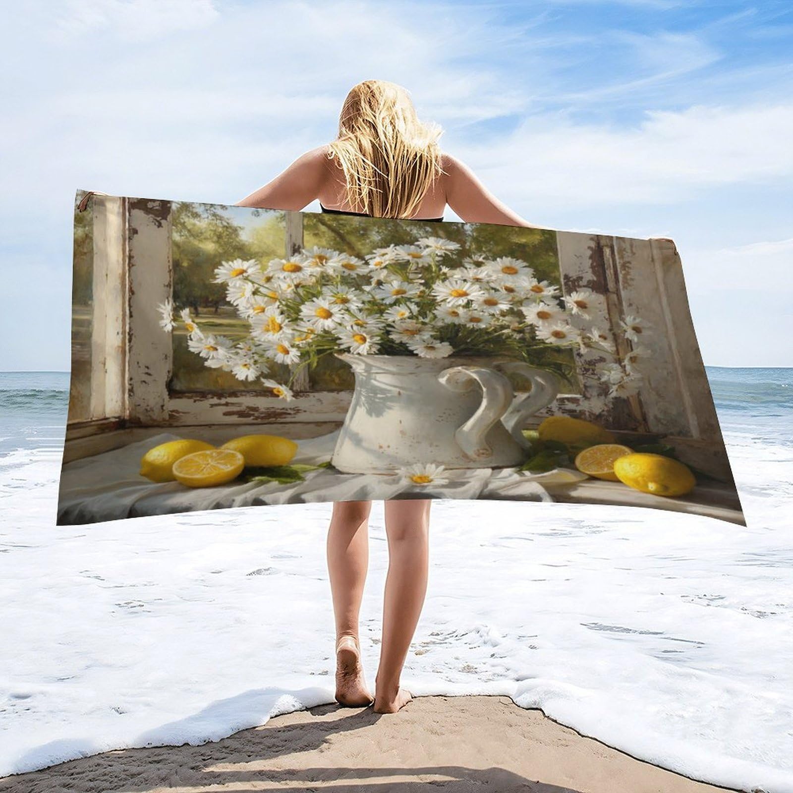 Luyysky Beautiful Realistic Fruit Lemon Quick-Drying Beach Towel, Retro Abstract Spring Window Landscape Plant Daisies Flowers Travel Vacation Single Sided Pile Bathroom Towels-80 W Cm X 160" L Cm