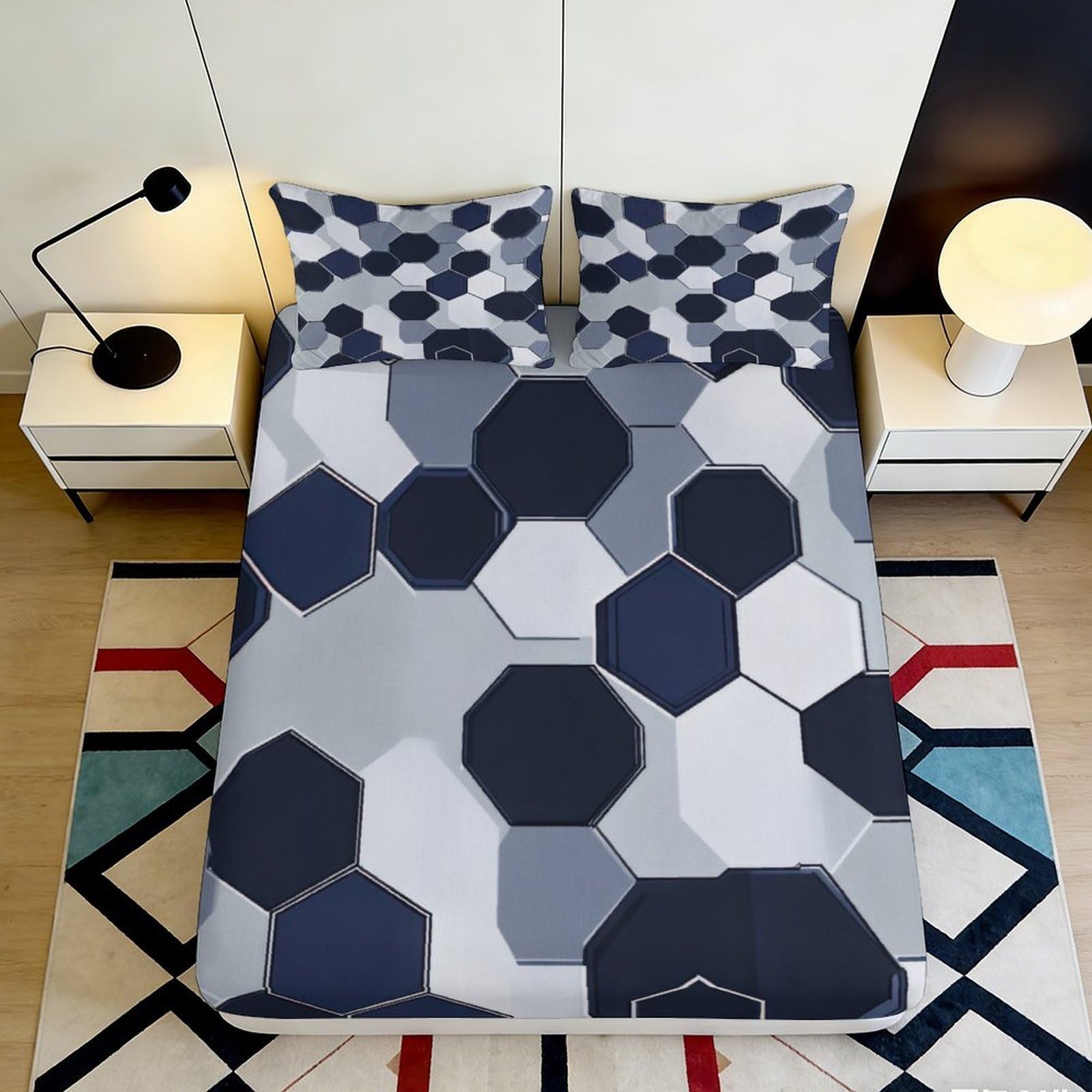 Pnayamiorkfel Style-8 3D Printed Geometric Hexagon Fitted Sheet Microfiber Soft Blue Grey Mattress Cover For Bedroom Decor Protection 90X200x25cm