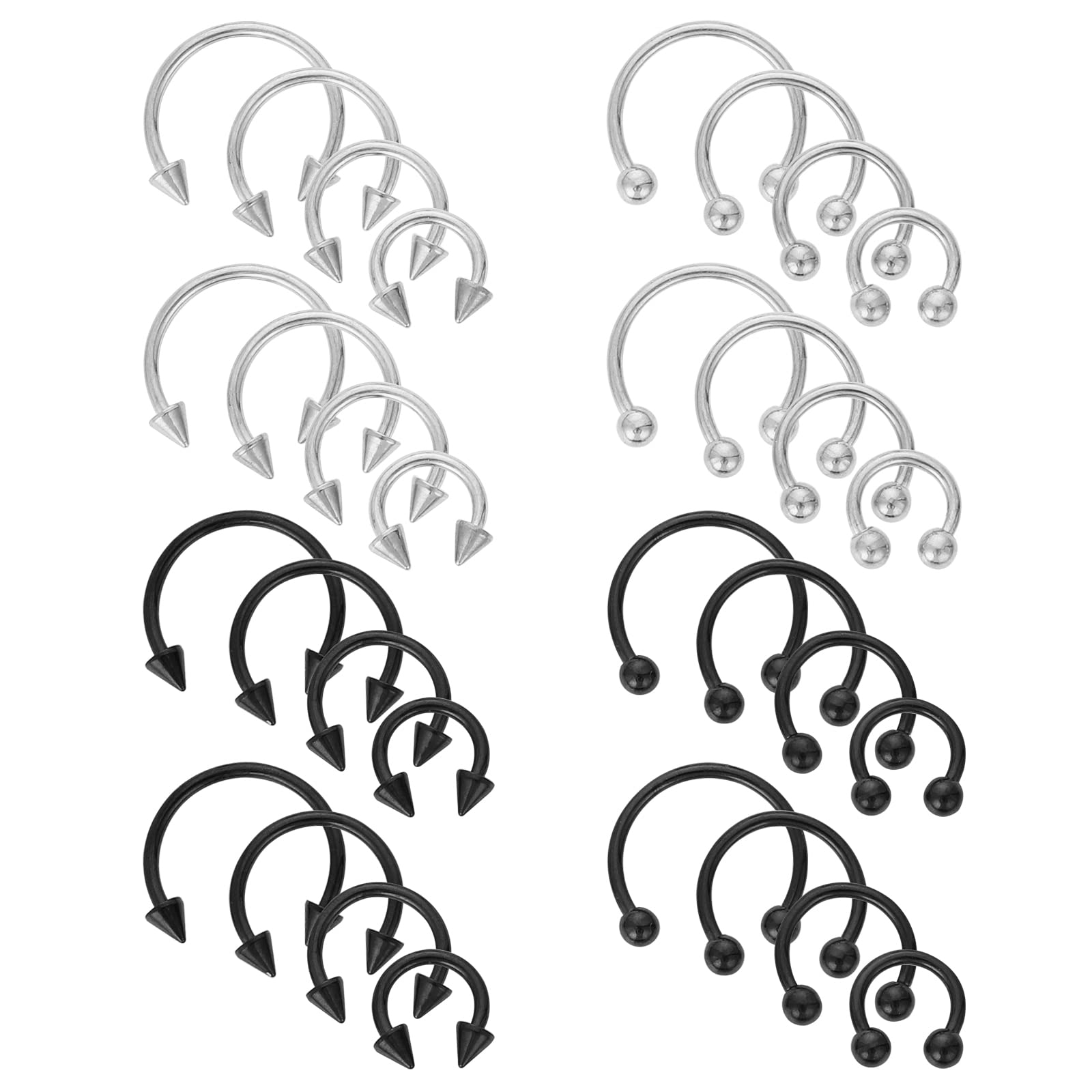 Yolev 32 anillos de herradura de acero quirúrgico de 16 g, variedad de tamaños, para nariz, tabique, herradura, aro, ceja, labio, herradura, piercing para mujeres y hombres