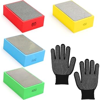 Pack of 4 Diamond Hand Polishing Pads Tile Grinding 60/100/200/400 Polishing Pad Block Sanding Block Hand Sanding Pad Tile Sanding Blocks Polishing Pads for Stone Ceramic Tiles Glass Granite Marble Ceramic