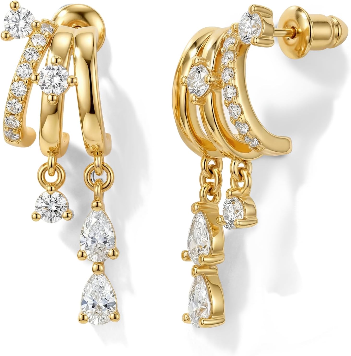 Cute Jewelry: Triple Huggie Stacked Gold Chain Drop Dangle Earrings