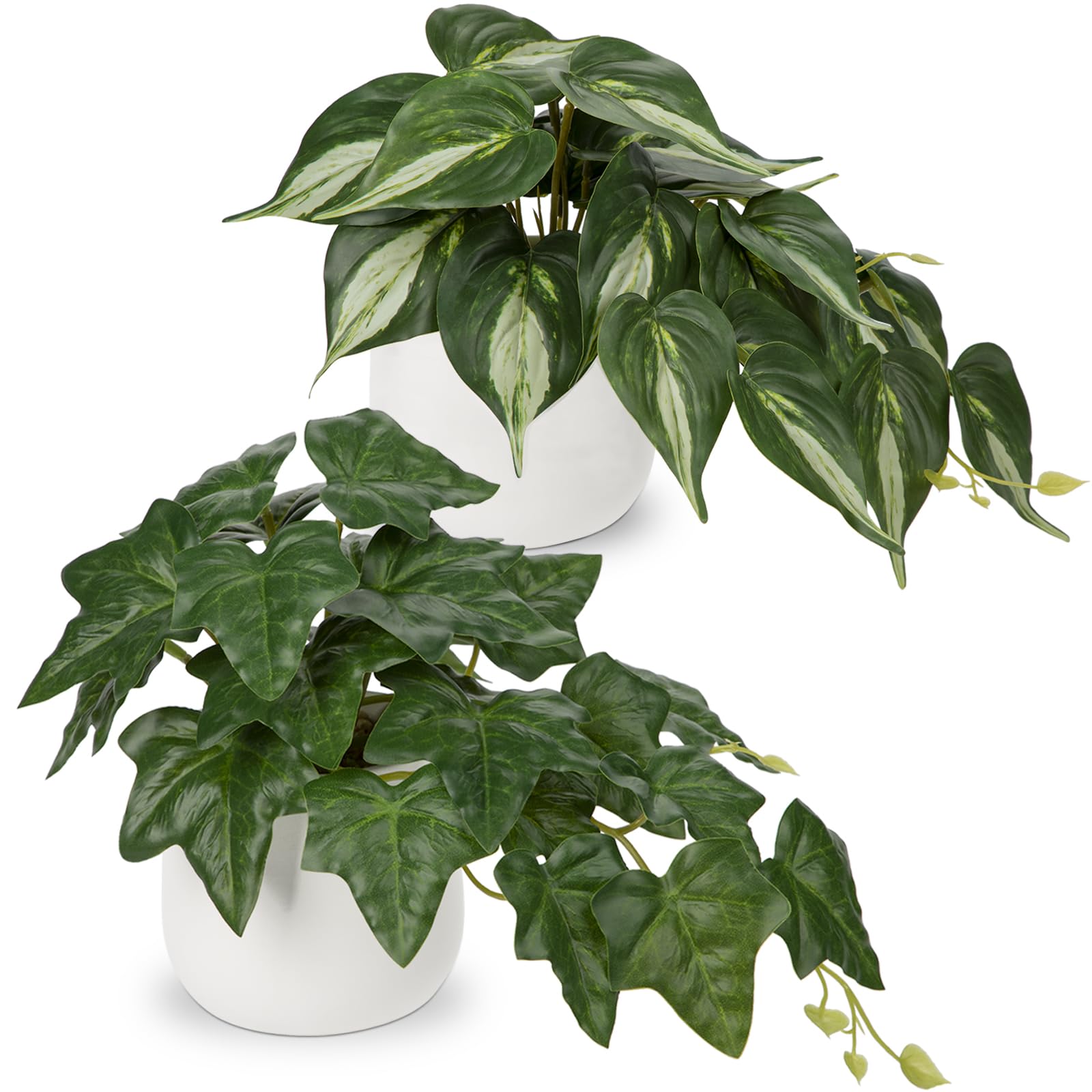 GnFlus Fake Plants Set of 2 Artificial Plants Faux Ivy Pothos with White Ceramic Pots Fake Potted Plants Artificial Decor for Home Bathroom Shelf Desk