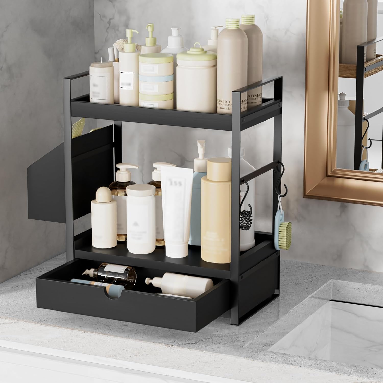2-Tier Bathroom Counter Organizer with Drawer and Basket, Wood Countertop Organizer for Storage, Skincare Organizers for Vanity, Counter Shelf for Bathroom Organization, Black - Image 5