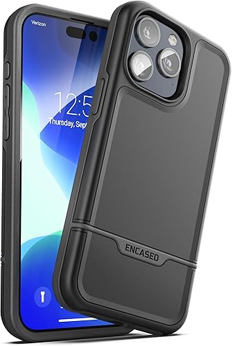 ENCASED Funda a prueba de golpes compatible con iPhone 16, funda magnética ultrarresistente, serie Rebel (negro, iPhone 15 Pro) Negro -,Púrpura